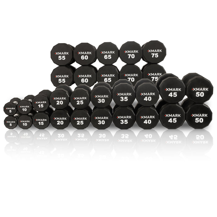 XMARK 12-Sided Commercial Urethane Dumbbells — 5-50 lb and 5-75 lb Sets