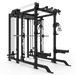 The Bells of Steel USA Smith Machine Rack - 6-Post with Kraken (Manticore, 3"x3", 1" Holes) is a black, multi-functional gym machine with Smith Machine features, attachments, pull-up bars, cables, handles & weight storage for home strength training.