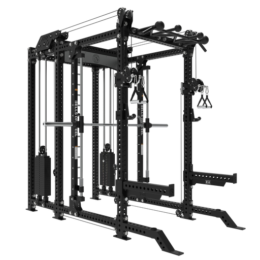The Bells of Steel USA Smith Machine Rack - 6-Post with Kraken - Manticore (3"x3", 1" holes) is a black multifunctional power rack featuring a Smith Machine, cables, pulleys, pull-up bars, weight stacks, and barbell for versatile strength training.