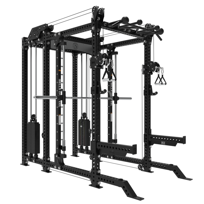 The Bells of Steel USA Smith Machine Rack - 6-Post with Kraken - Manticore (3"x3", 1" holes) is a black multifunctional power rack featuring a Smith Machine, cables, pulleys, pull-up bars, weight stacks, and barbell for versatile strength training.