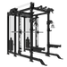 The Bells of Steel USA Smith Machine Rack - 6-Post with Kraken - Manticore (3"x3", 1" holes) is a black multifunctional power rack featuring a Smith Machine, cables, pulleys, pull-up bars, weight stacks, and barbell for versatile strength training.