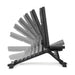The Buzz-Saw Heavy-Duty Adjustable Bench by Bells of Steel features a sleek black design with multiple backrest positions from flat to upright, offering exercise versatility against a clean white background.