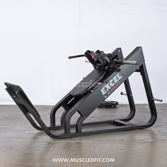 Excel Linear Hack Slide - Muscle D Fitness - Plate Load Hack Squat - Weight Storage Pegs - Safety Catch