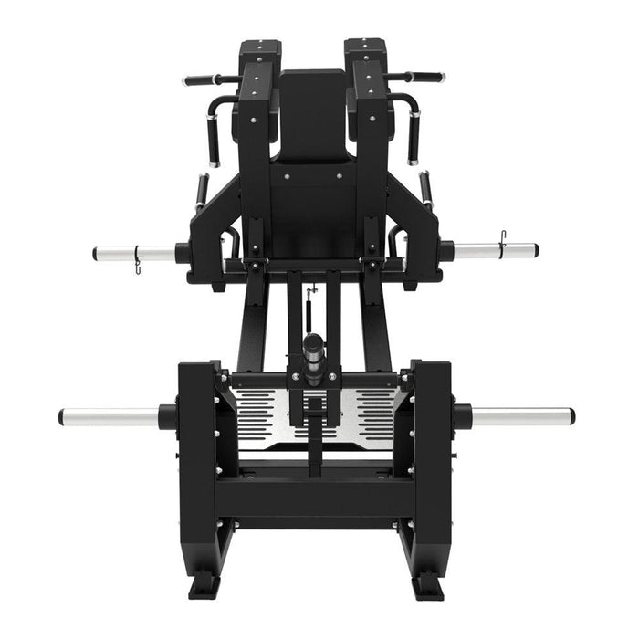 Excel Glute Line Hack Squat / Front Squat - Muscle D Fitness - Plate Load Squat Machine - Counter Balanced - Plate Storage Pegs