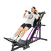 A focused man in glasses, cap, and athletic clothes uses the Bells of Steel Leg Press Hack Squat Machine at home, seated at an incline while pressing the platform with his legs and gripping the handles.