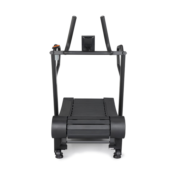The Bells of Steel Blitz Magnetic Resistance Manual Treadmill is a black curved treadmill with handrails and a display, shown from the front against a white background—ideal for intense, non-motorized workouts.