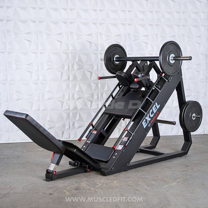 Excel Linear Hack/Leg Press - Muscle D Fitness - Plate Load Hack Squat Combo - Weight Storage Pegs - Adjustable Foot Plate / Back Pad
