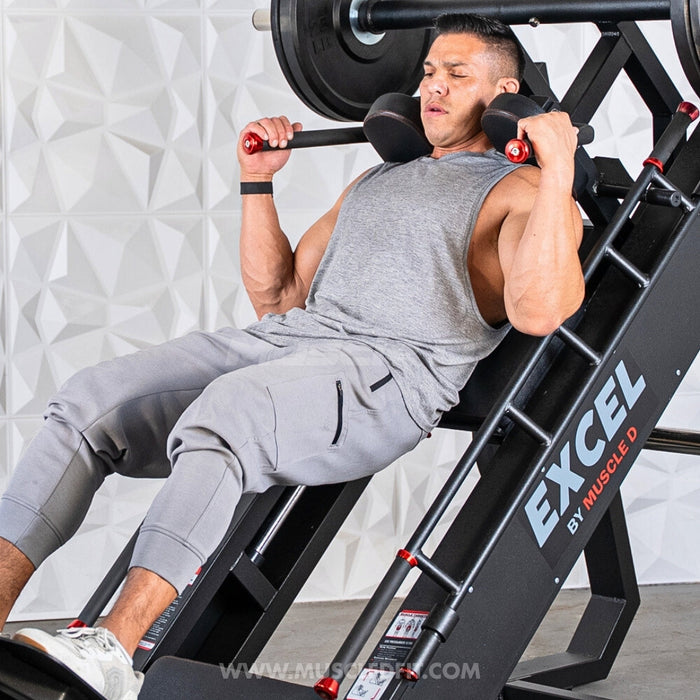Excel Linear Hack/Leg Press - Muscle D Fitness - Plate Load Hack Squat Combo - Weight Storage Pegs - Adjustable Foot Plate / Back Pad