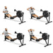 Four images showcase a man using the Blitz Air Rower by Bells of Steel, demonstrating different rowing positions and proper form. He wears a light gray T-shirt, dark shorts, and sneakers. The rower's black frame contrasts with its orange footrests, offering low-impact cardio.
