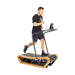 A person is jogging on a Bells of Steel Wooden Residential Manual Treadmill with a curved running surface. Wearing a black T-shirt, shorts, and sneakers, they navigate its compact design effortlessly. The treadmill includes a display screen on the handlebars against a plain white background.
