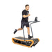 A person glides effortlessly on a compact Wooden Residential Manual Treadmill by Bells of Steel, featuring sleek wooden accents and a digital display. They wear a black t-shirt, shorts, and shoes against a plain white background.