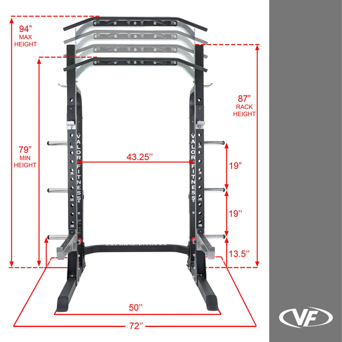 Valor Fitness 3x3 Half Rack w/ Multi Grip Pullup Bar and Plate Storage