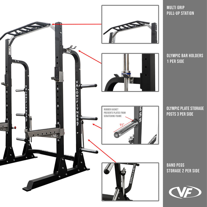 Valor Fitness 3x3 Half Rack w/ Multi Grip Pullup Bar and Plate Storage